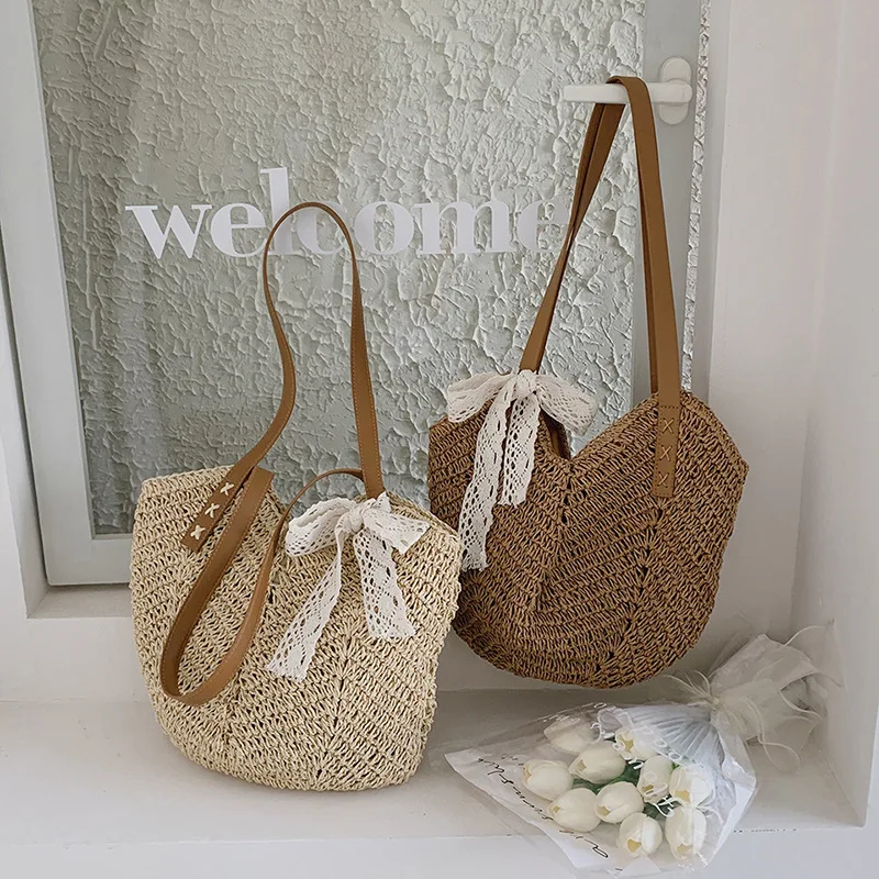 

Ladies New Large Capacity Rattan Straw Bag Famous Handbag Purse 2022 Ins Woven Beach Bucket Bag Luxury Holiday Shoulder Bags