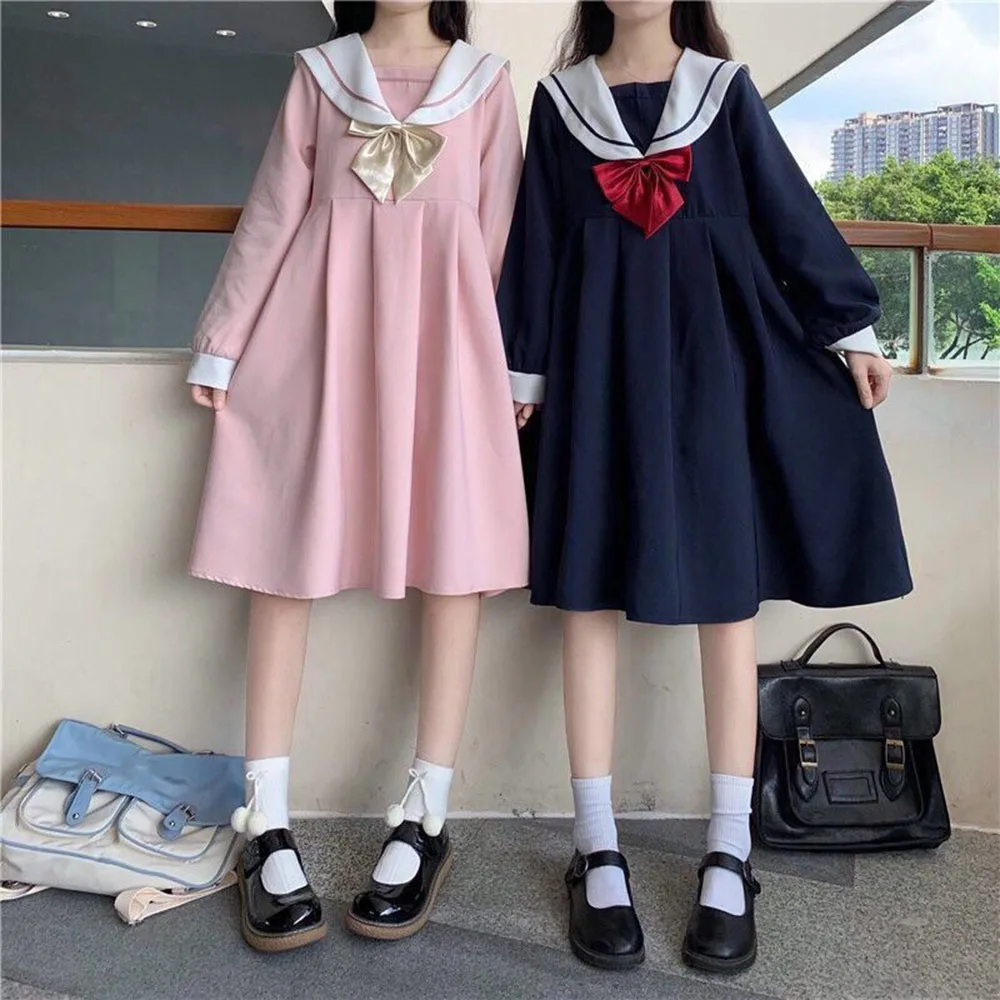Japanese Navy Collar Dress for  Girls Students School Uniform Bowtie Sweet Lolita Dress Mid Length A-line Sailor Dress