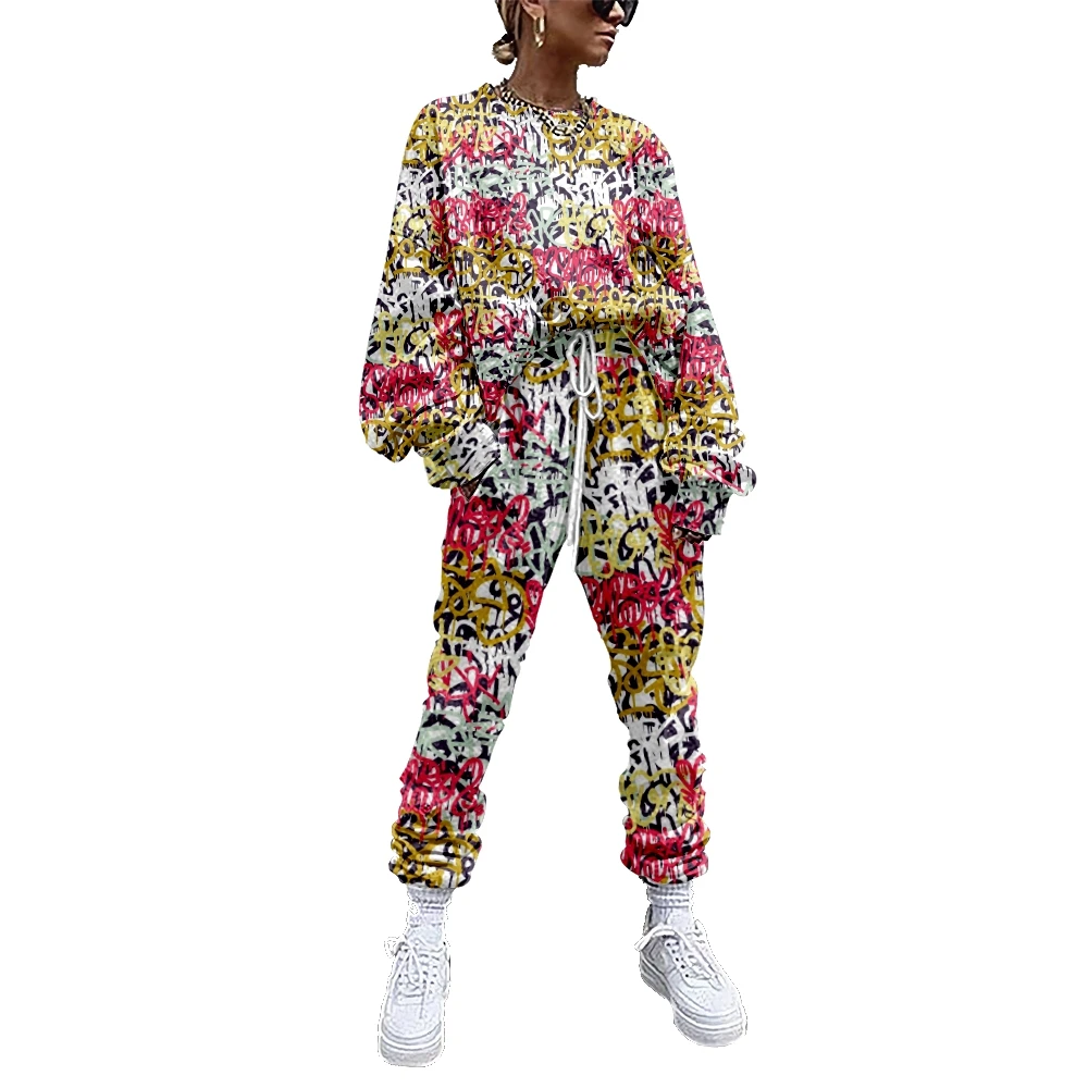 

Women's sportswear two piece set of graffiti seamless printed sportswear casual sweater + trousers women's sportswear
