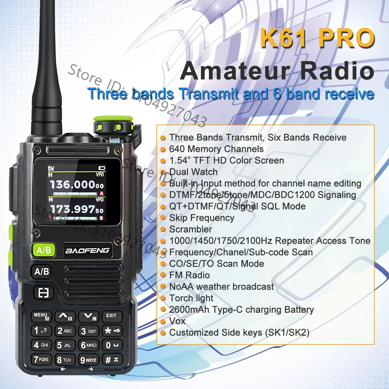 Фото Baofeng K61 PRO K61pro 65-600 МГц Многодиапазонный 640-канальный скремблер Двойные часы Частота для любителей FM VOX Рация №1