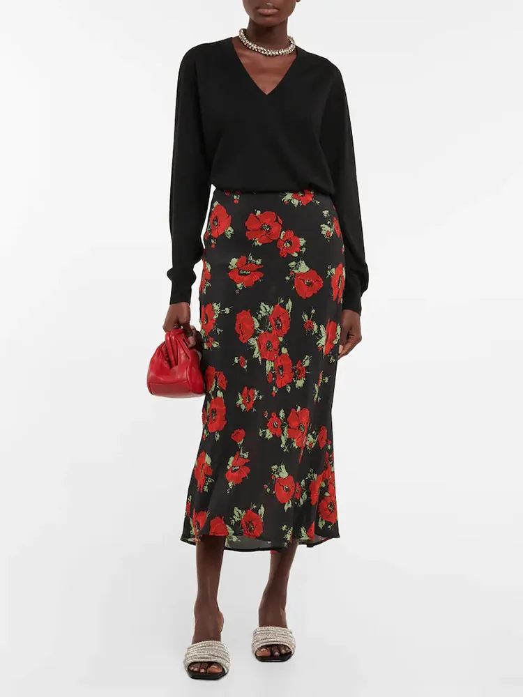 

Women's 100% Silk Trumpet Skirt Floral Print Slim High Waist Elegant 2023 Spring Summer Ladies Mid-calf Jupe