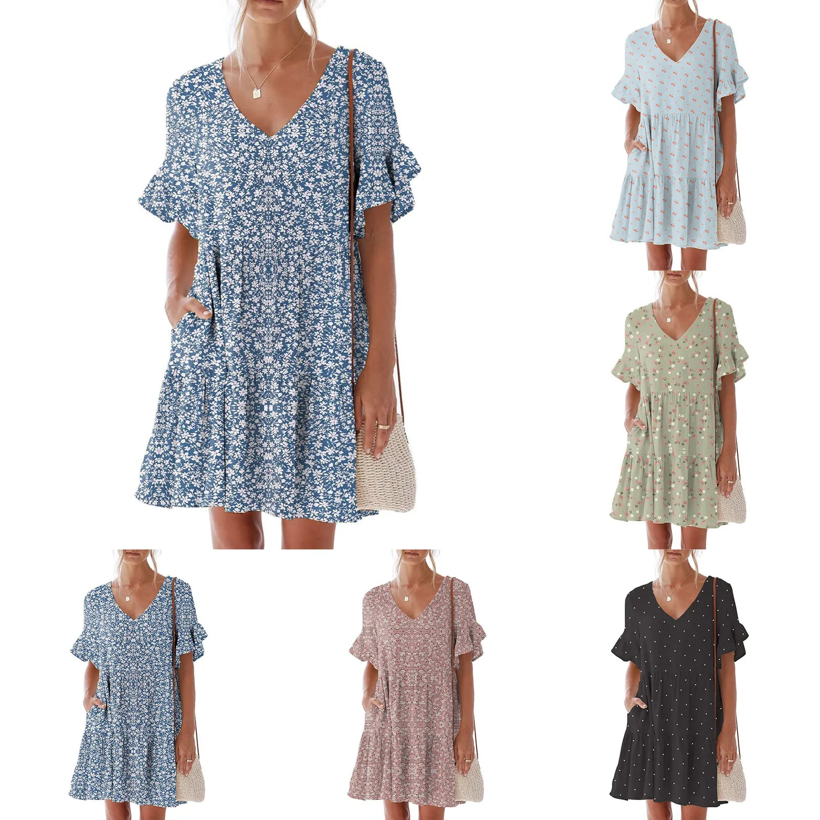 

Женское Короткое платье-футболка с коротким рукавом, повседневное зеленое платье с цветочным принтом и карманами