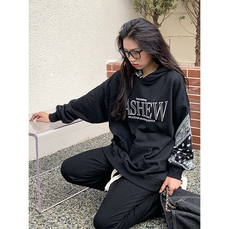 

Women's Black Harajuku Baggy Pullover Fashion Letter Printing Sweatshirt Y2K Street Lazy Raglan Sleeves Hoodie Ladies Top Autumn
