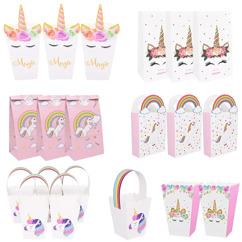 

Unicorn Theme Paper Gift Box Candy Cookie Bags Packaging Popcorn Box Kids Unicorn Birthday Party Decorations Baby Shower Wedding