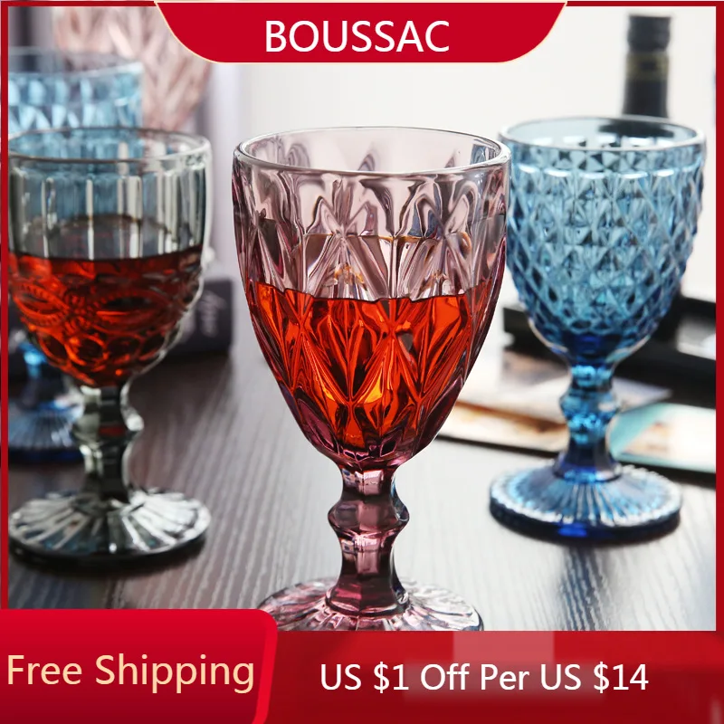 

Diamond Embossed Glass Water Cup European Style Color Goblet Home Drinking Fountain Holiday Gift Red Wine Glass Drinkware