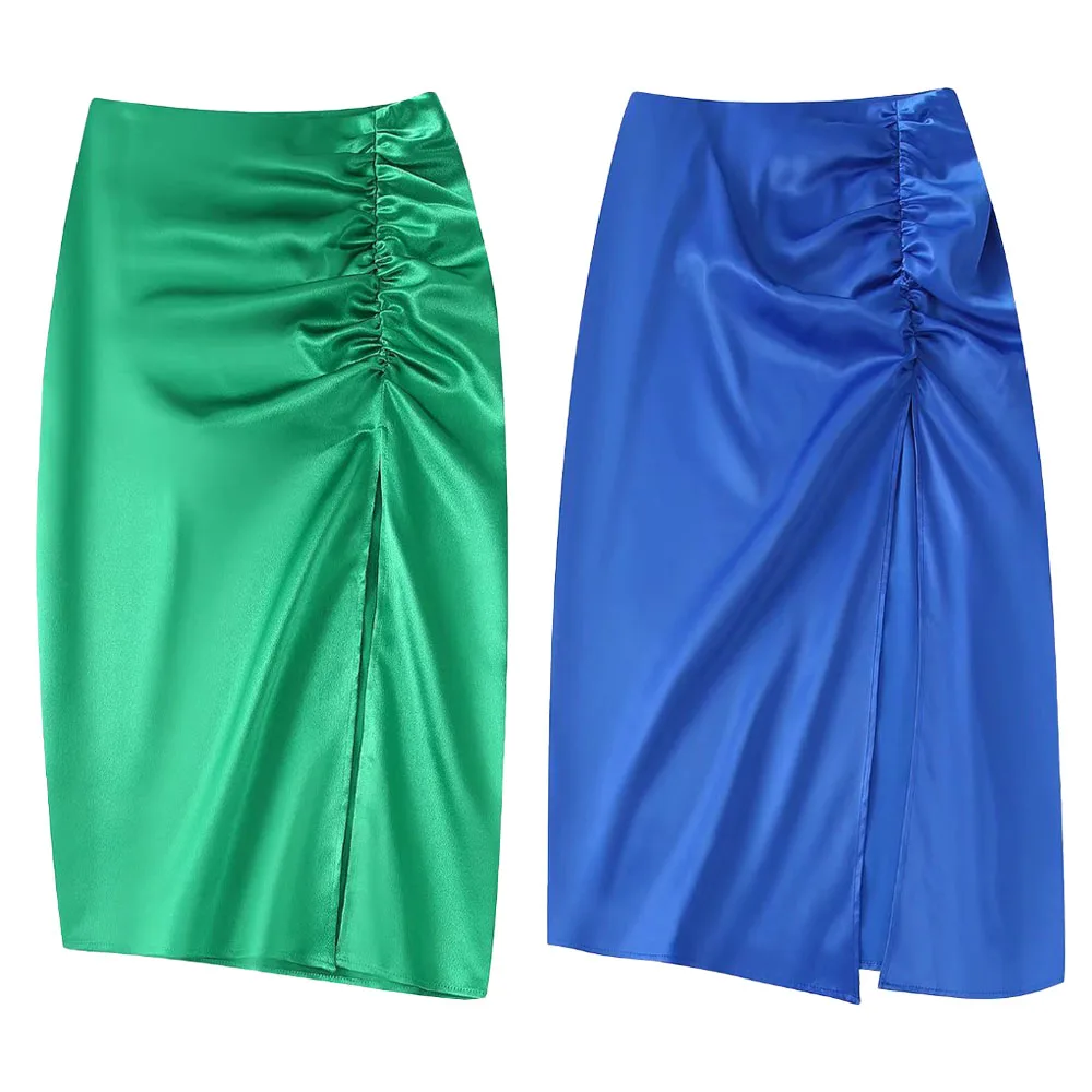 

ZATRHMBM 2022 Female Clothing New Fashion High-Waisted Midi Ruched Silk-Satin Skirt Vintage Side Slit A-line Skirts For Women