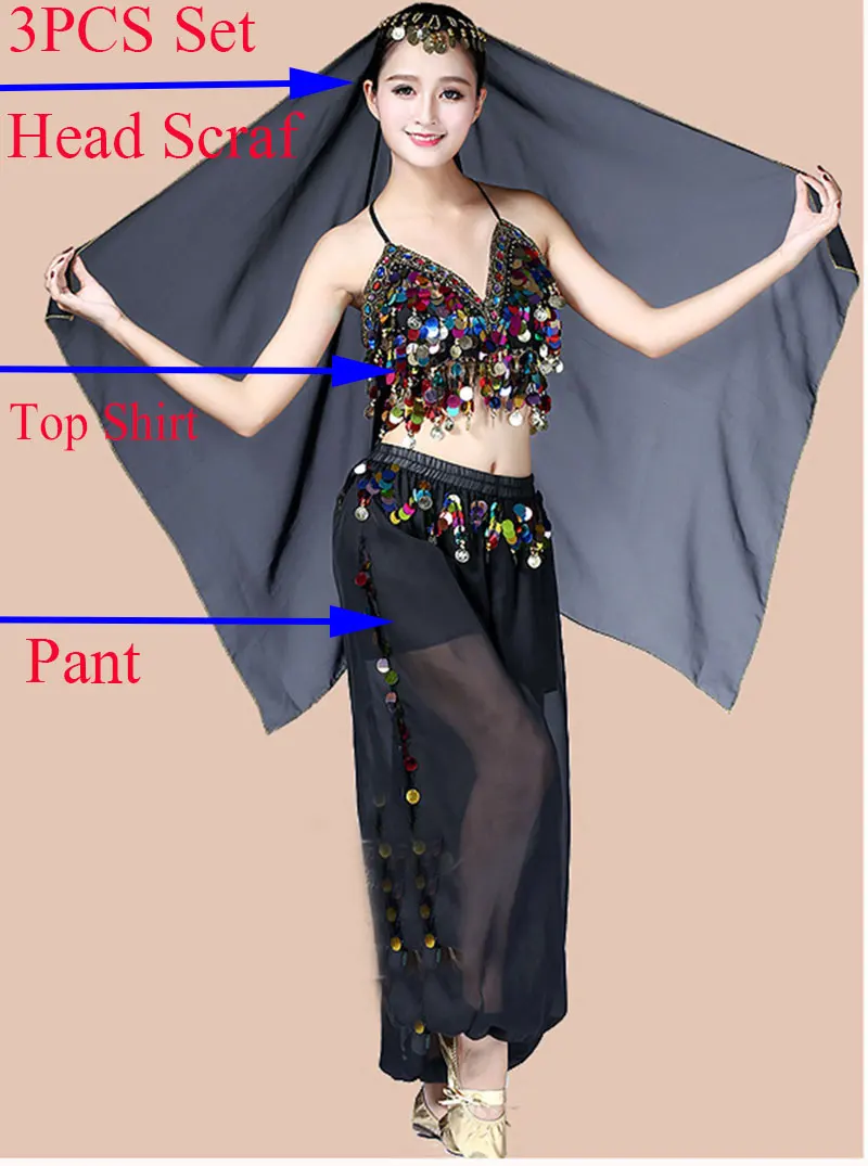 Костюмы для танца живота для женщин, 3 шт.: брюки, топ и покрывало на голову, индийский болливудский стиль, для выступлений.