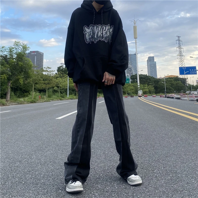 Men Jeans Retro Contrast Micro Flared Pants Loose Ladies Denim Trousers Fashion Streetwear Men Clothing Jeans Men Y2k Street Men