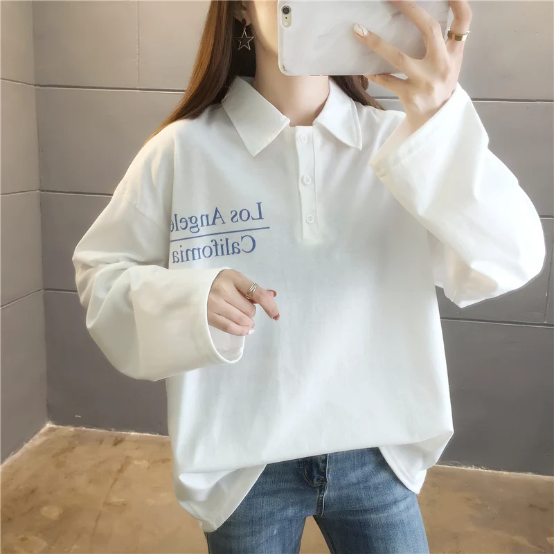 

Cotton Women T-shirts Autumn Turn-down Collar T Shirt Casual Loose O-neck Letters Long Sleeve 90s White Tops Streetwear