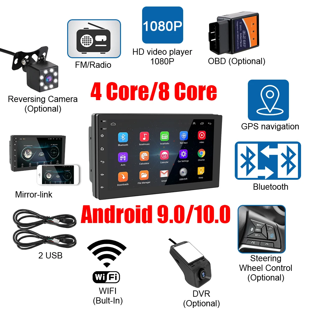 Автомагнитола на Android 10 0 мультимедийный видеоплеер с GPS-навигацией 2 Din Bluetooth Wi-Fi
