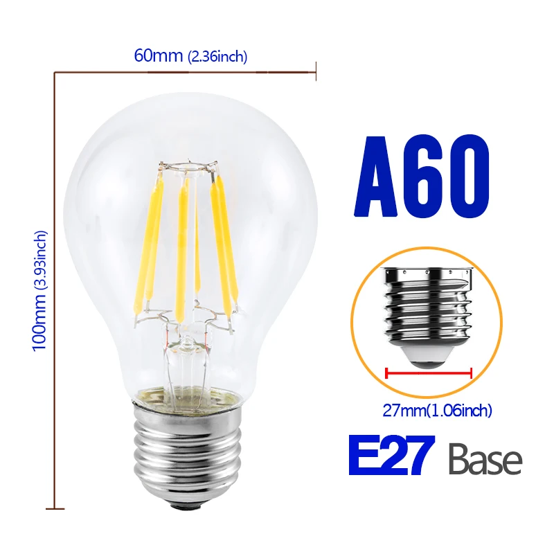 

Светодиодные лампы G45 A60 стеклянные E27 E14 2W 4W 6W 8W ретро