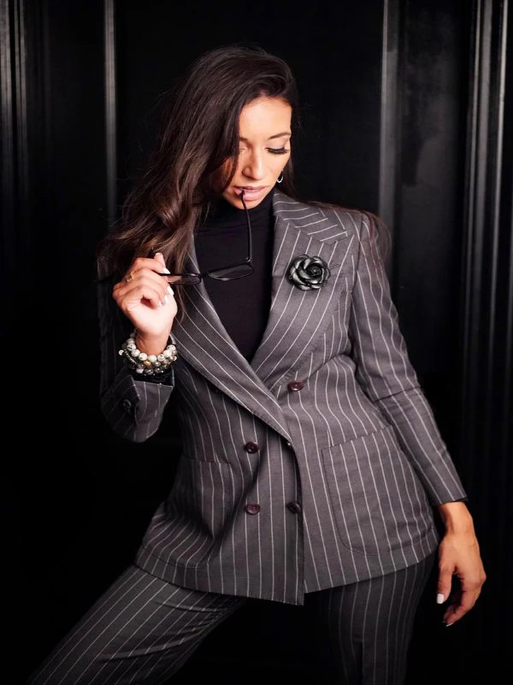 Women's Suit Striped 2-Piece Navy Blue Suit Business Slim Fit Work Wear Office Jacket Double-breasted Blazer + Trousers