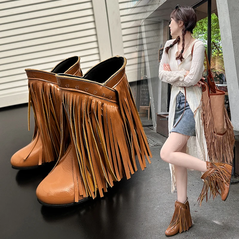

Autumn Winter New Fashion Warm Fluff Ankle Boots Women Round Toe Casual Flat Height Increased Tassel Fringe Shoes Botas De Mujer