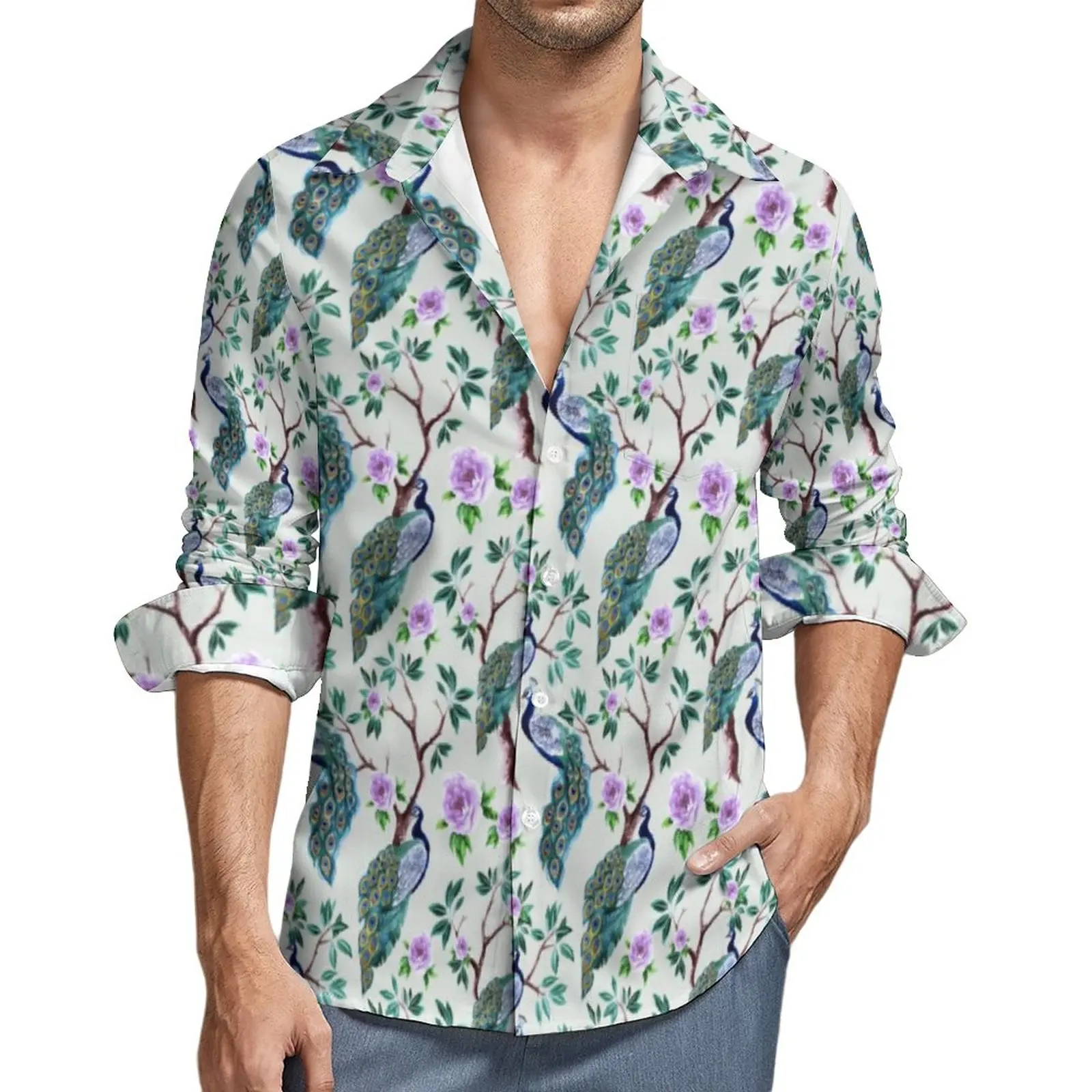 

Vintage Birds Shirt Male Peacock in Flowering Tree Casual Shirts Spring Y2K Graphic Blouses Long Sleeve Vintage Oversized Tops
