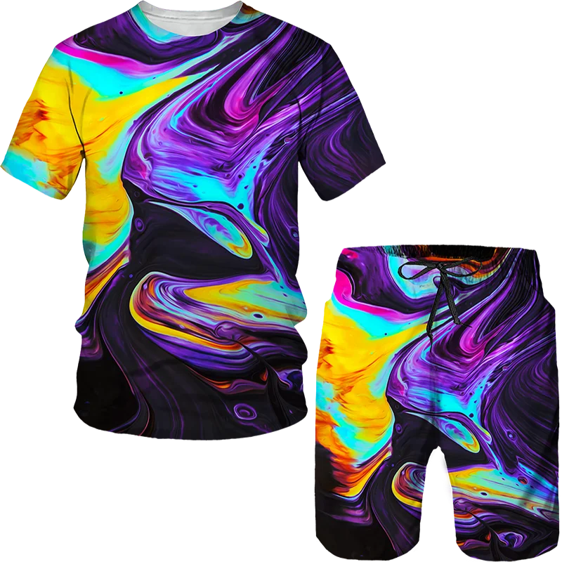 

Men's Summer Stitching Printed Short-Sleeved Two-piece Sets Tee Suit Casual Breathable T-shirt Shorts Sport Oversized Tracksuit