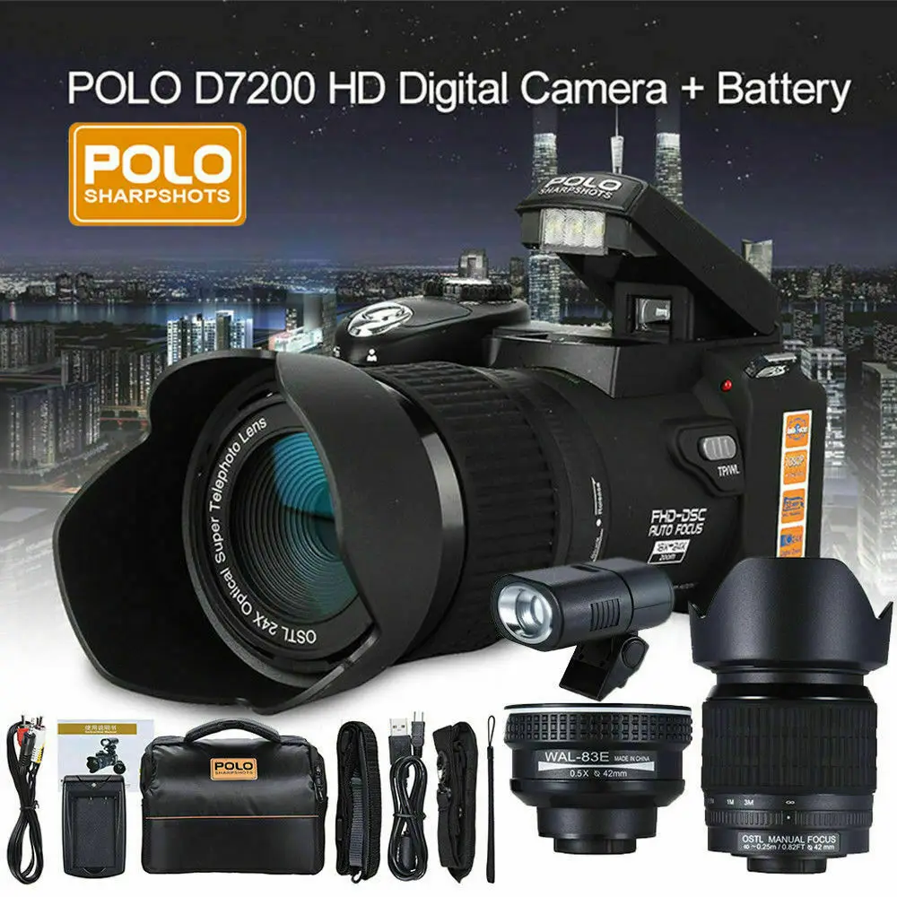 

Polo D7200 33MP Digital Camera DSLR 0.5X Wide Angle Lens + 24X Telephoto Lens + LED Light camera profissional Digital Camera