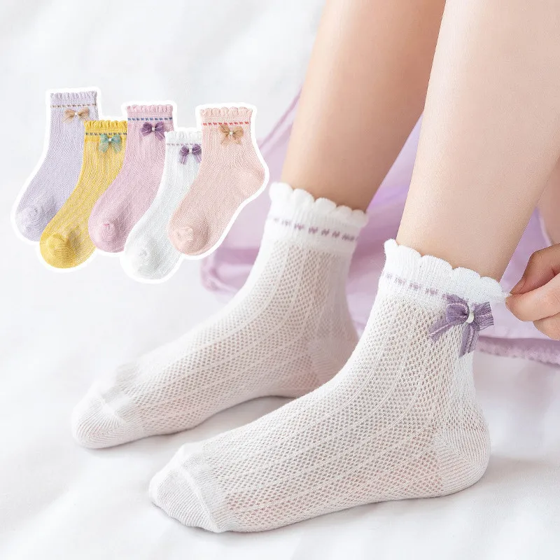 5 Pairs New Girl Socks Summer Bows Princess Lace Socks Cotton Mesh Breathable Thin Baby Girls Socks Spring Kids Children 0-12Y