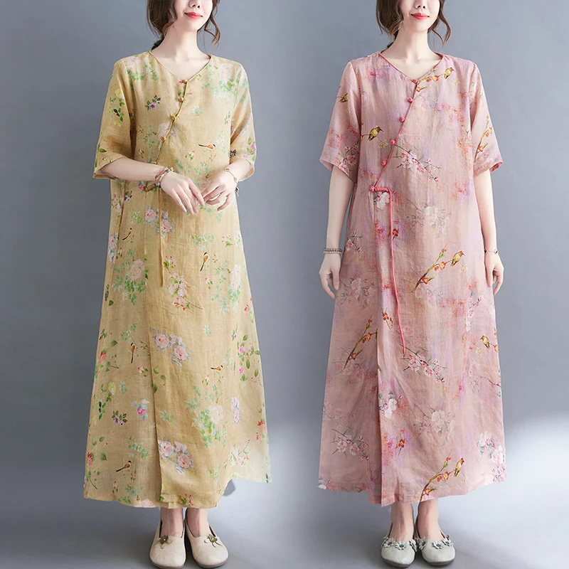 

Autumn chinese cheongsam qipao dress traditional flower print elegant short sleeve women long casual dress