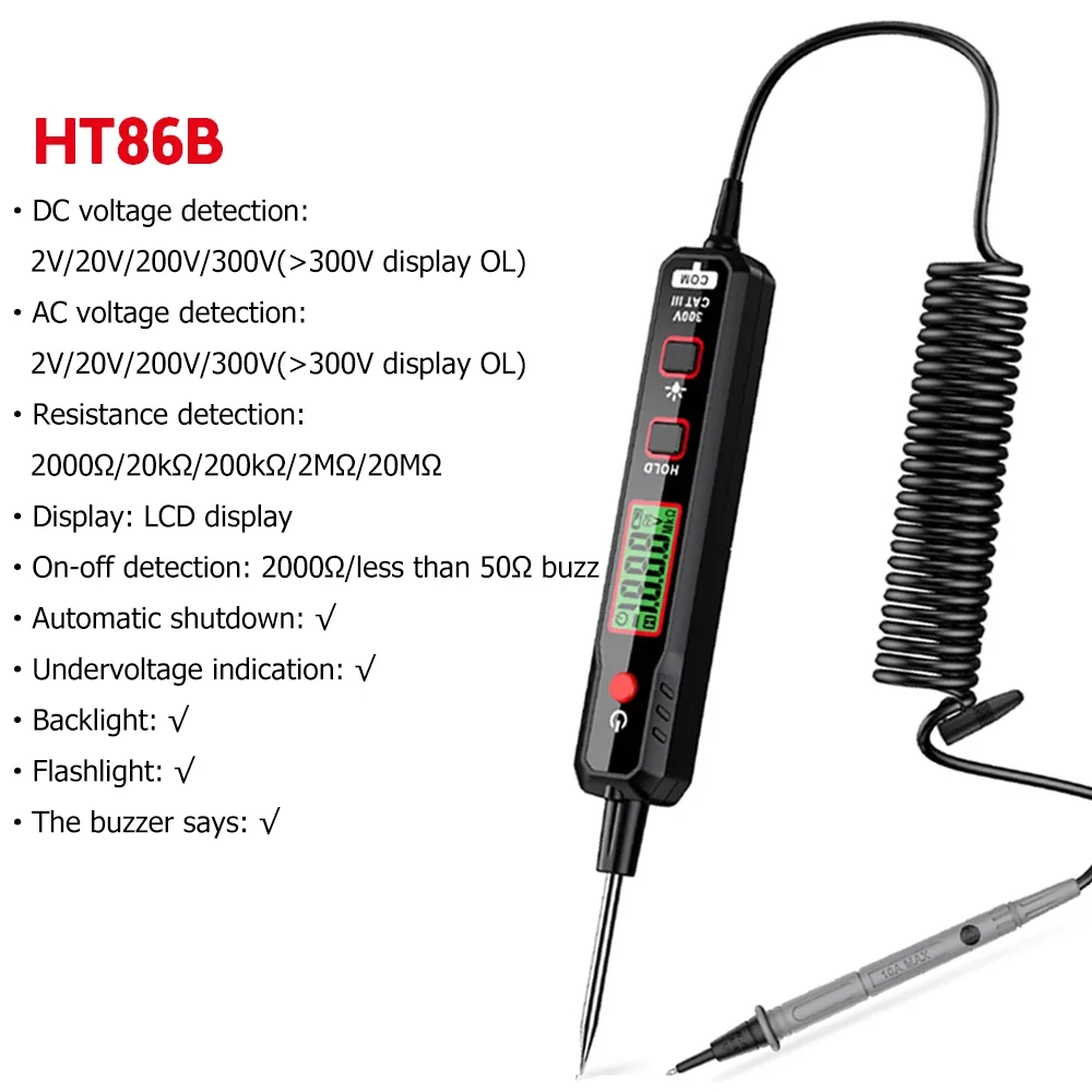 

Детектор напряжения постоянного/переменного тока, тест цепи обслуживания неисправностей автомобиля, цифровой дисплей, подсветка, автомобильный предохранитель, диагностический зонд, тестер
