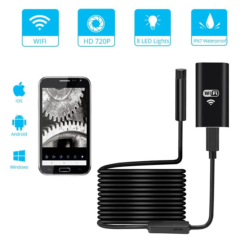 

WiFi Endoscope Camera 720P Hard Cable 8mm 8 LEDs Waterproof Inspection Snake Mini Camera USB Borescope for Car For IOS Android