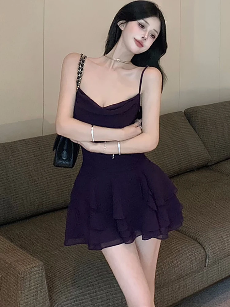 Женское шифоновое платье с оборками фиолетовое повседневное Элегантное