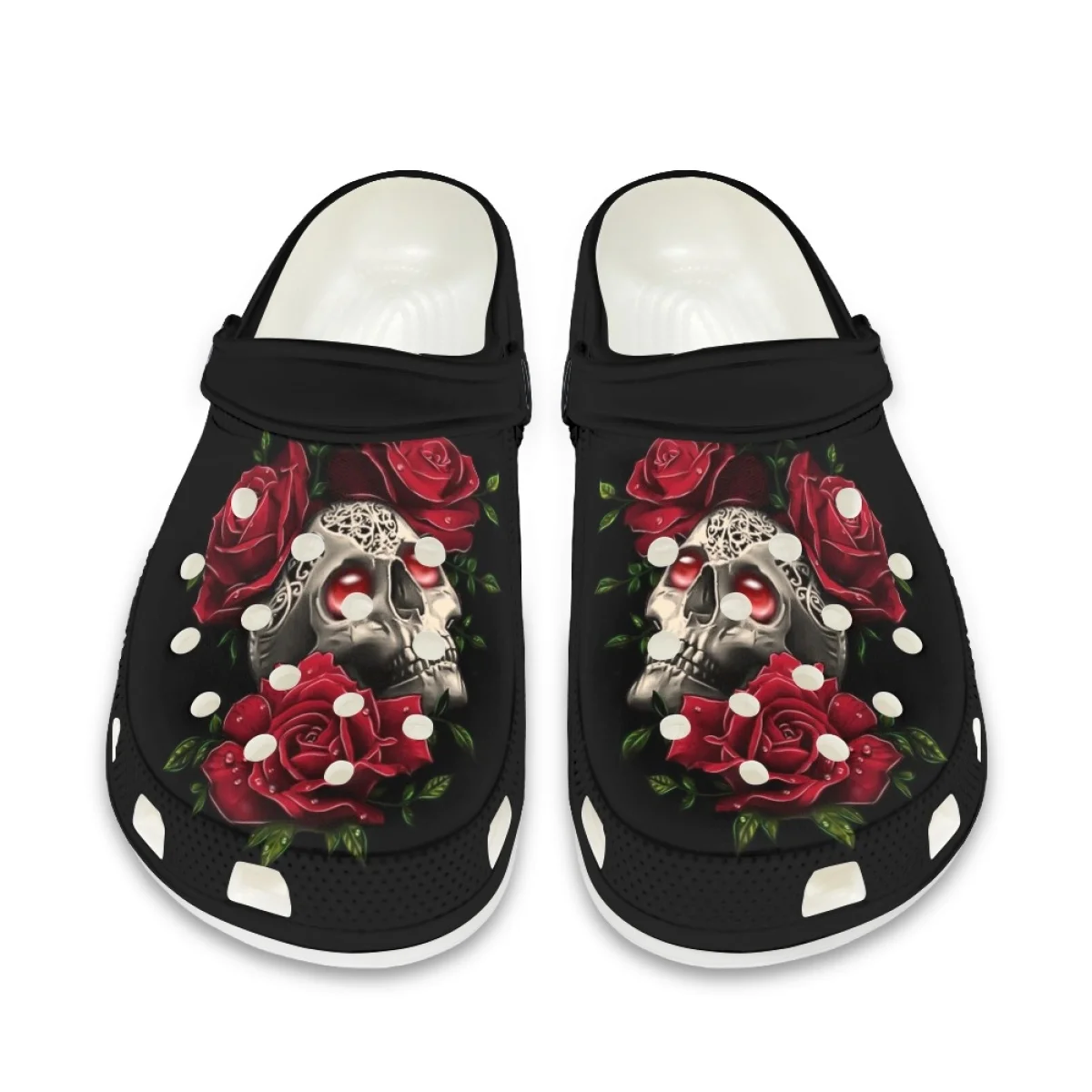 Summer Ladies Beach Slippers 3D Printing Gothic Rose Skull Lightweight Indoor Flat Hole Slippers Non-slip Casual Garden Clogs