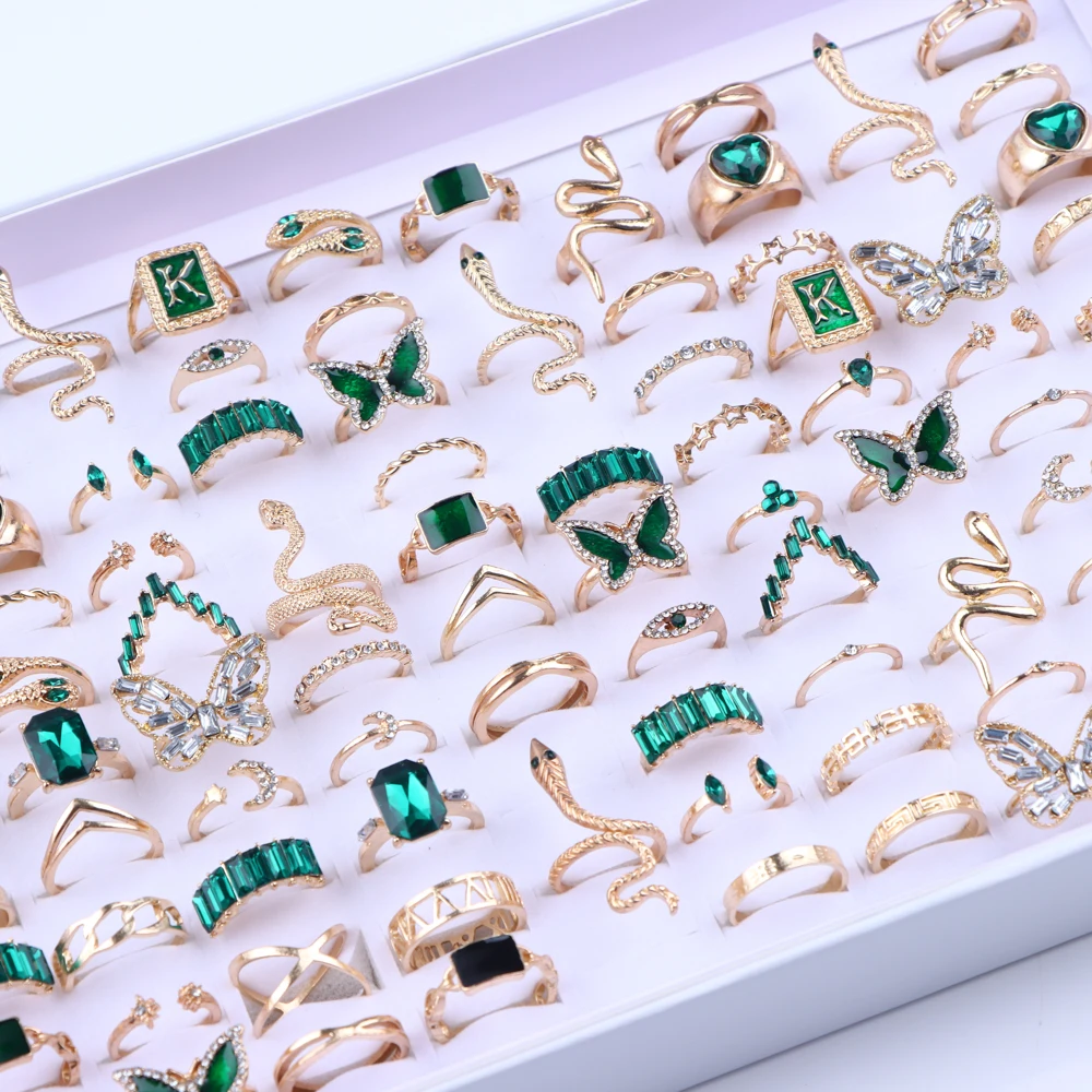 

50Pcs/Lot Fashion Bohemia Sparkling Rhinestone Women Rings Vintage Geometric Mixed Style Jewelry Wedding Party Gifts Wholesale