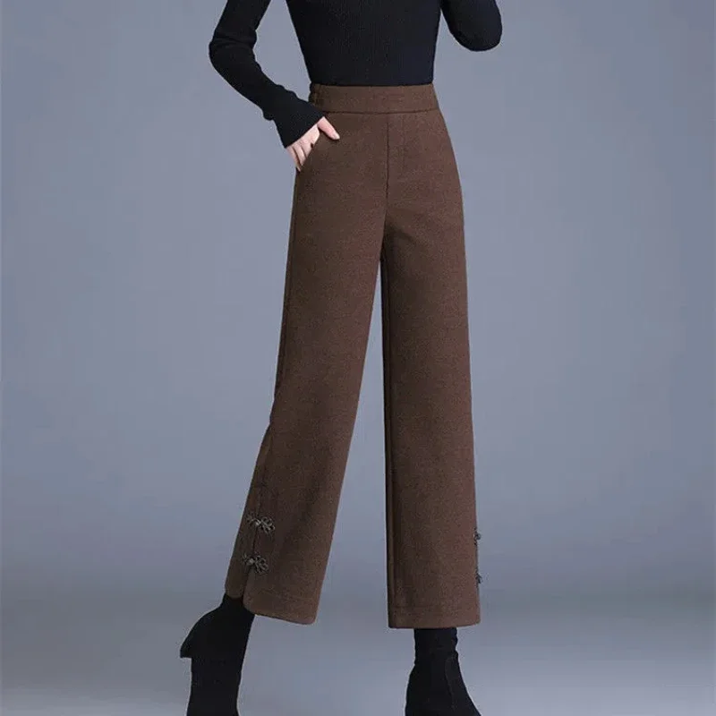 Модные осенне-зимние шерстяные брюки женские Однотонные эластичные прямые в