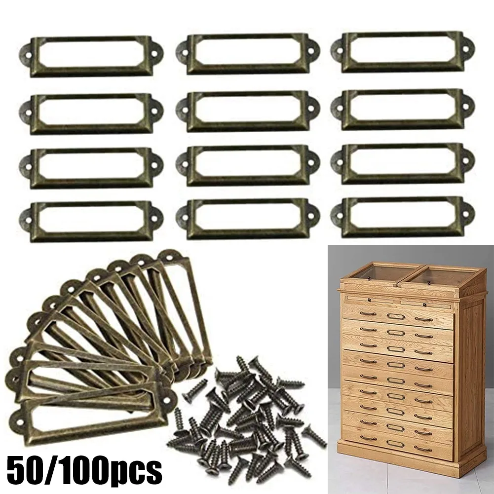 

100pcs Antique Brass Label Pull Frame Handle File Name Card Holder For Furniture Cabinet Drawer Box Case Bin