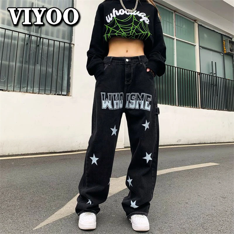 Men's Y2K Clothes Printed Strar Vintage Black Baggy Jeans Men Straight Trousers Denim Pants Streetwear For Women High Quality