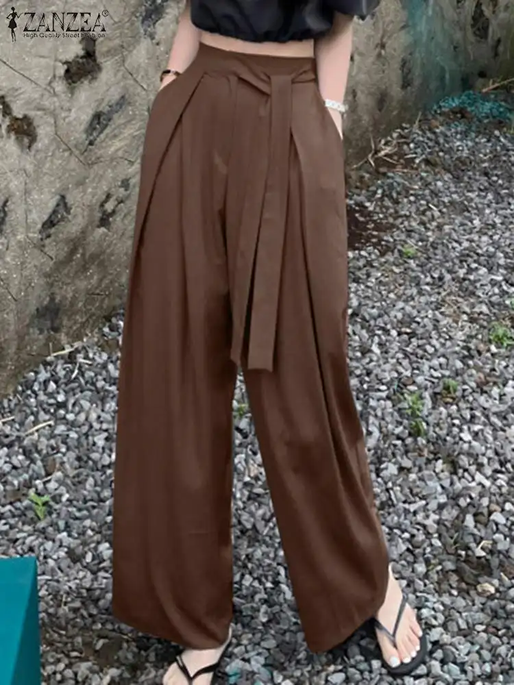 

ZANZEA Autumn Women Solid Pants High Waist Female Causal Wide Leg Trousers Ladies Officewear Palazzo Office Work Pant 2022