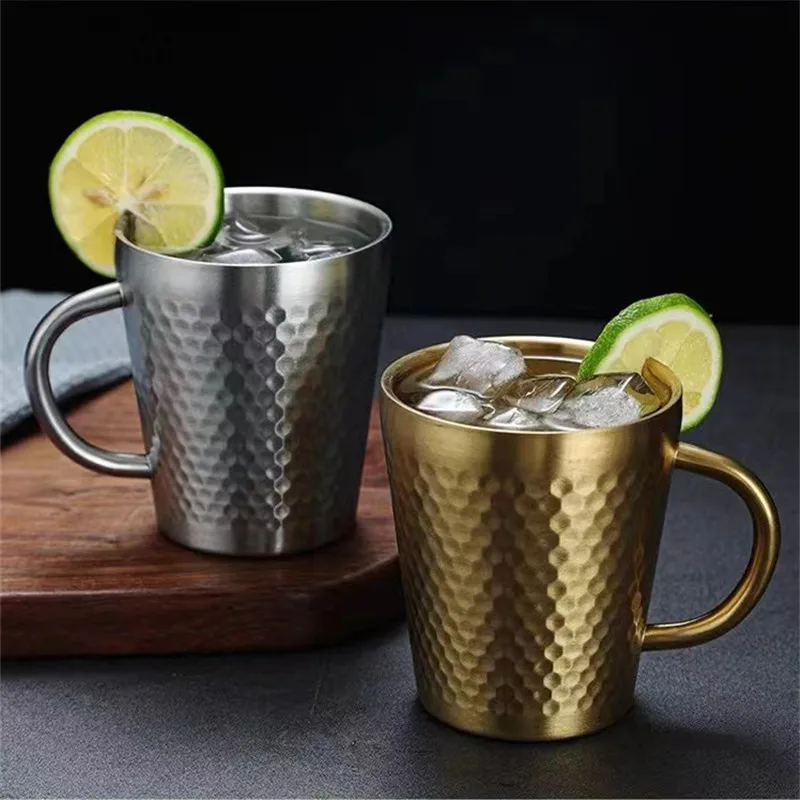 

Creative Hammer Texture Coffee Beer Mug with Handle Stainless Steel Tumbler Double Wall Tea Drinks Cups Home Bar Drinkware 300ML