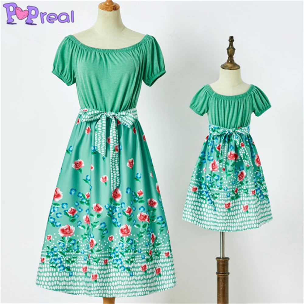 

PopReal Mom And Daughter Dress Summer Fashion Sweet Green Floral Print Off The Shoulder Mom Girl Dress Family Matching Outfit