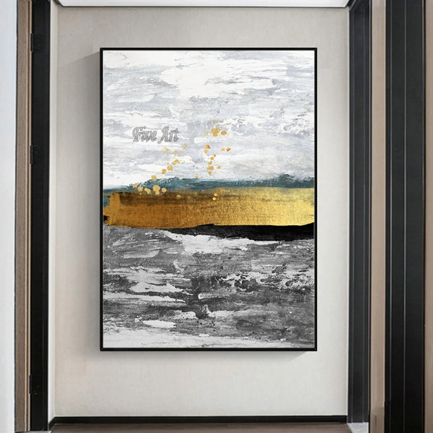 

Frameless Gold Foil Simple Grey Newest Hand Painted Modern Abstract Acrylic Oil Painting Wallpaper Home Decoration Artwork