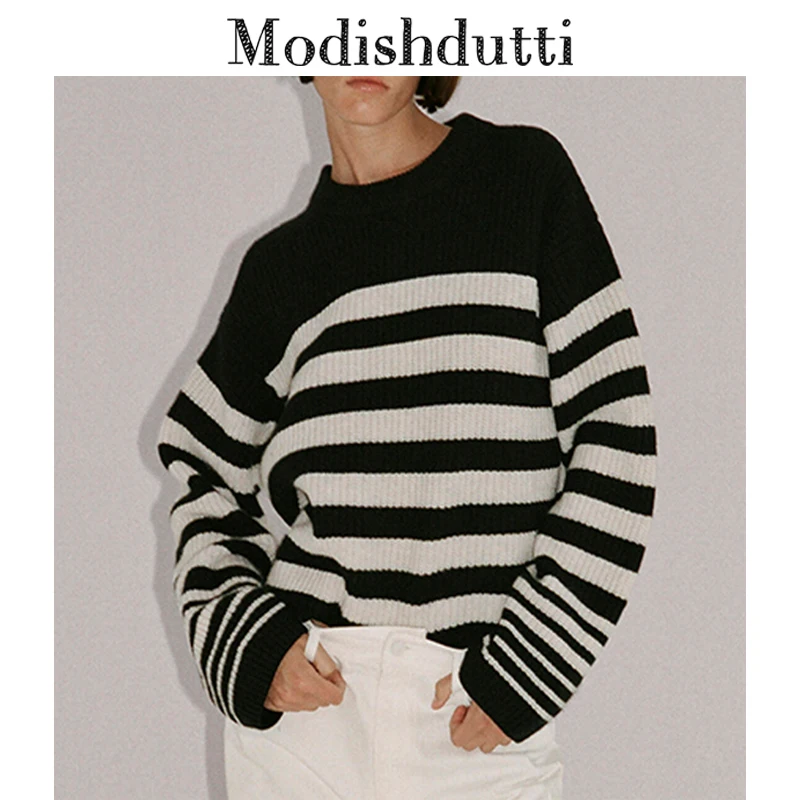 

Modishdutti 2022 зимний женский Повседневный Свободный Полосатый свитер с круглым вырезом женские теплые вязаные пуловеры