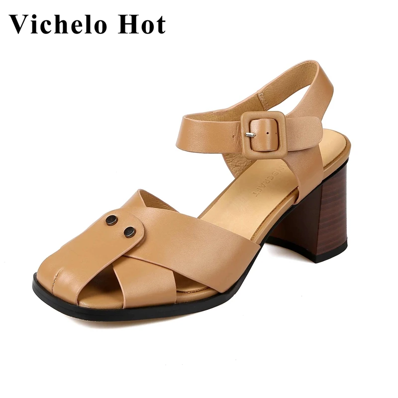 

Vichelo Hot Cow Leather Square Toe High Heel Gladiator Retro Fashion Young Lady Daily Wear Buckle Strap Solid Women Sandals L69