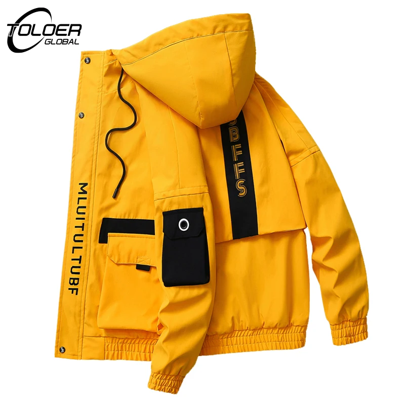 2022 Men Hooded Patchwork Streetwear Jackets Spring Autumn Yellow Hip Hop Windbreaker Male Letter Print Korean Jacket Loose Coat