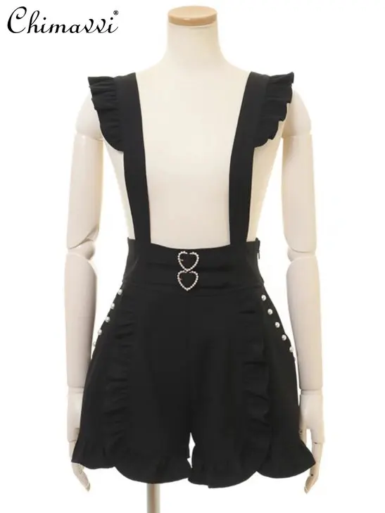 Sweet Fashion Shorts Ladies 2023 Summer Short Pants New Elegant Lolita Lace-up Heart Bucket Multi-Purpose Suspender Shorts Women