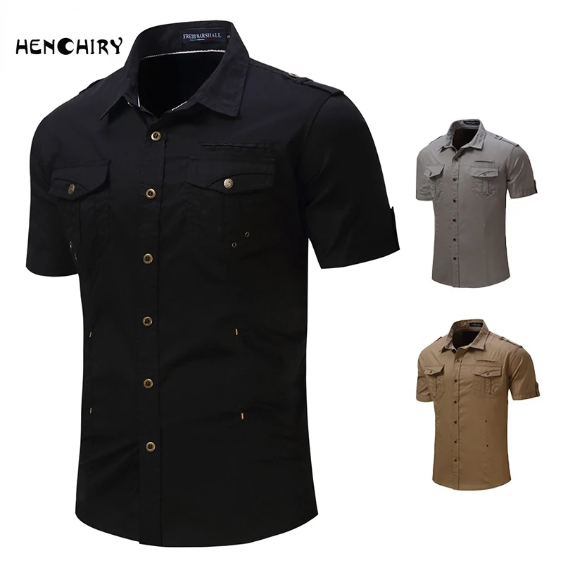 

HENCHIRY 2022 летние новые мужские рубашки в стиле милитари хлопковые повседневные топы летние модные Рабочие Рубашки с карманами рубашка на пуг...