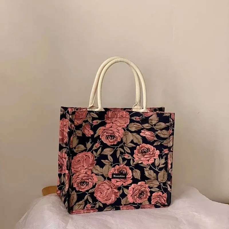 

Vintage Tote Bag Rose Print Flower Print Trendyol Luxury Designer Handbag Casual Large Capacity Shopping Bag Bolso Mujer