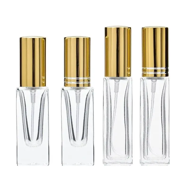 

Perfume Spray Bottle Glass Square Clear Gold Silver Black Lid 4ml 8ml Portable Cosmetic Packaging Sample Refillable Bottle 25pcs