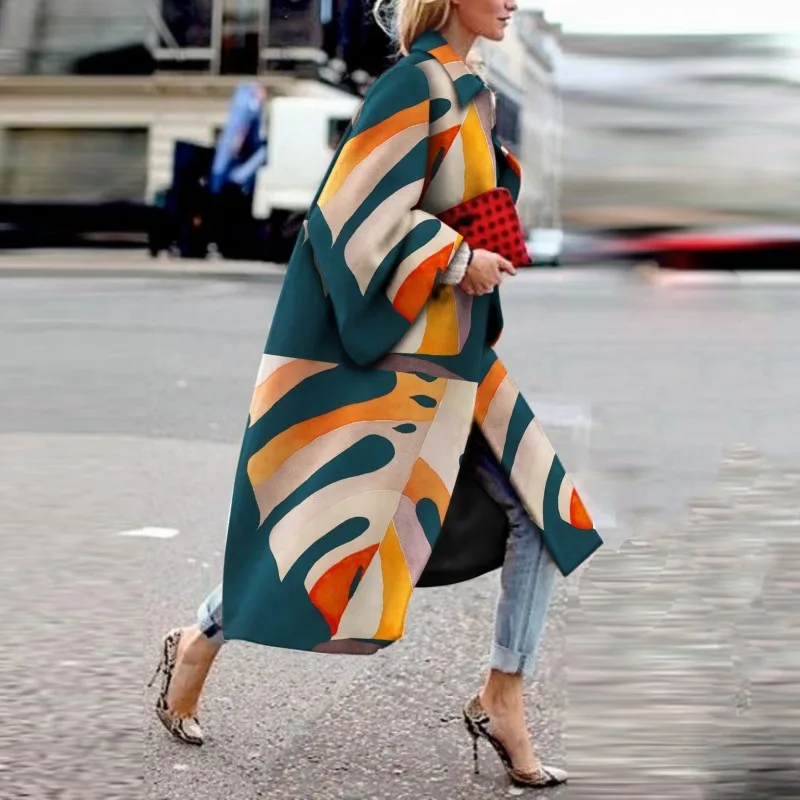 

2020 Winter Women Graffiti Print Outer Coats Turn-down Collar Full Sleeve Long Trench Casual Plus Size Street Coats S-5XL