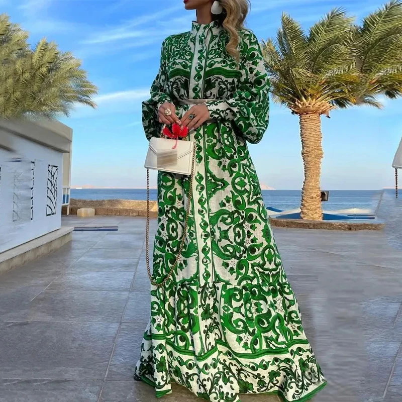 

Платье-рубашка женское с воротником-стойкой, Модное Элегантное однобортное длинное повседневное праздничное платье с оборками и рукавами-фонариками