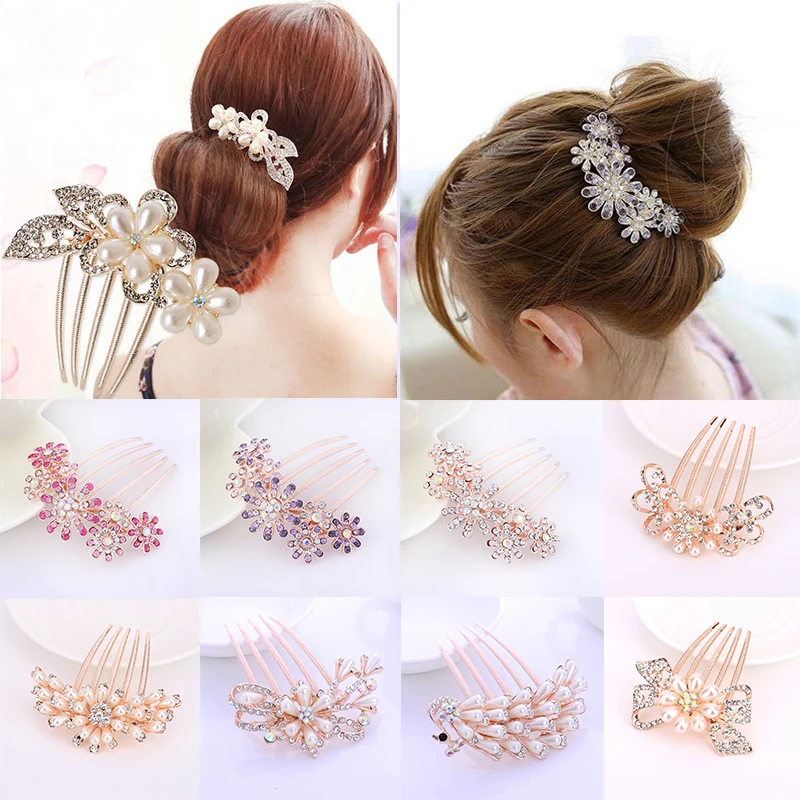 

2023 Vintage Flower Crystal Hairclips Fashion Hair Maker Bun Hair Combs Plastic Shiny Hairpins for Women Hair Accessories Gift