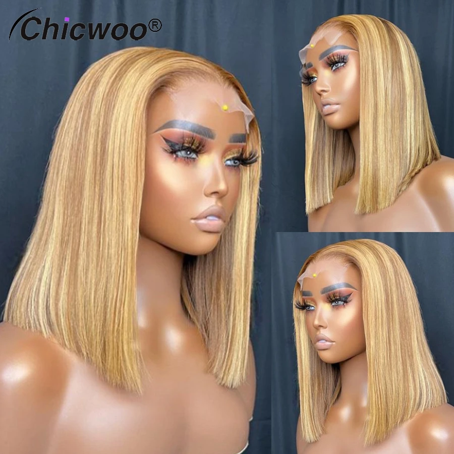 

Highlight Honey Blonde Short Bob Wigs 13x4 Lace Frontal Straight Wig Brazilian Virgin Human Hair 613 Color Preplucked Hairline