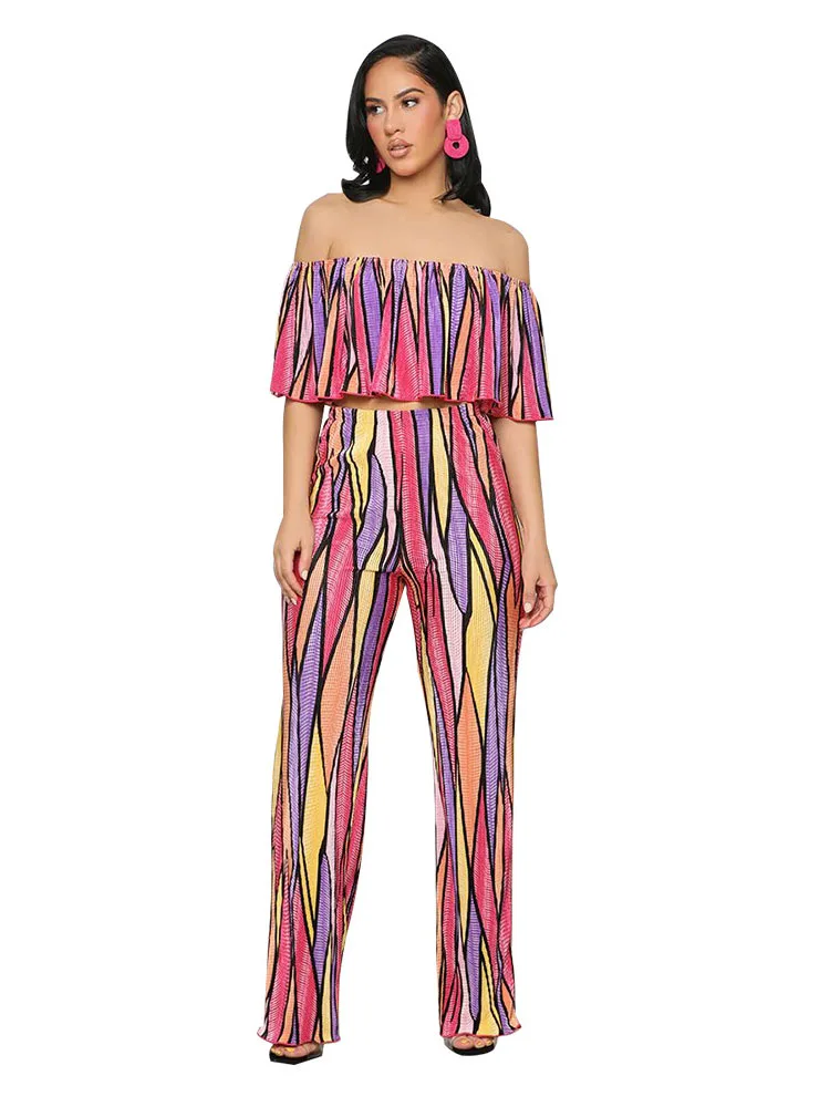 

Szkzk Prints Ruffles Two-Piece Clubwear Set Off The Shoulder Short Tops And Straight Leg Pants Suits Night Club 2Pcs Outfits