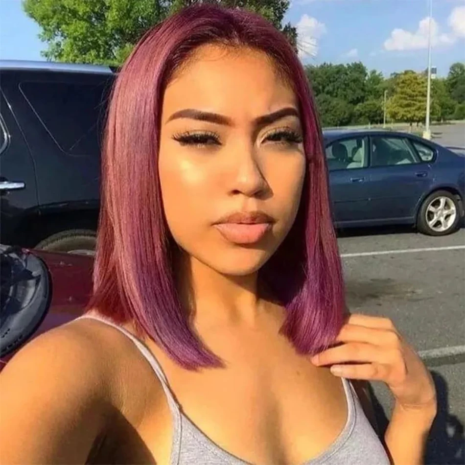 GURENYUN 99J Бордовый Боб Парик Шнурка Бразильские Волосы Реми 180% Плотность Среднего