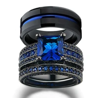 charm couple rings romantic blue rhinestones women rings set trendy mens stainless steel ring fashion jewelry for lover gifts