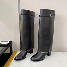 Top Quality Winter Genuine Leather Knee High Boots Woman Chelsea Boots Knight Boots Many Chain Decora Boots Woman Bota Feminina 