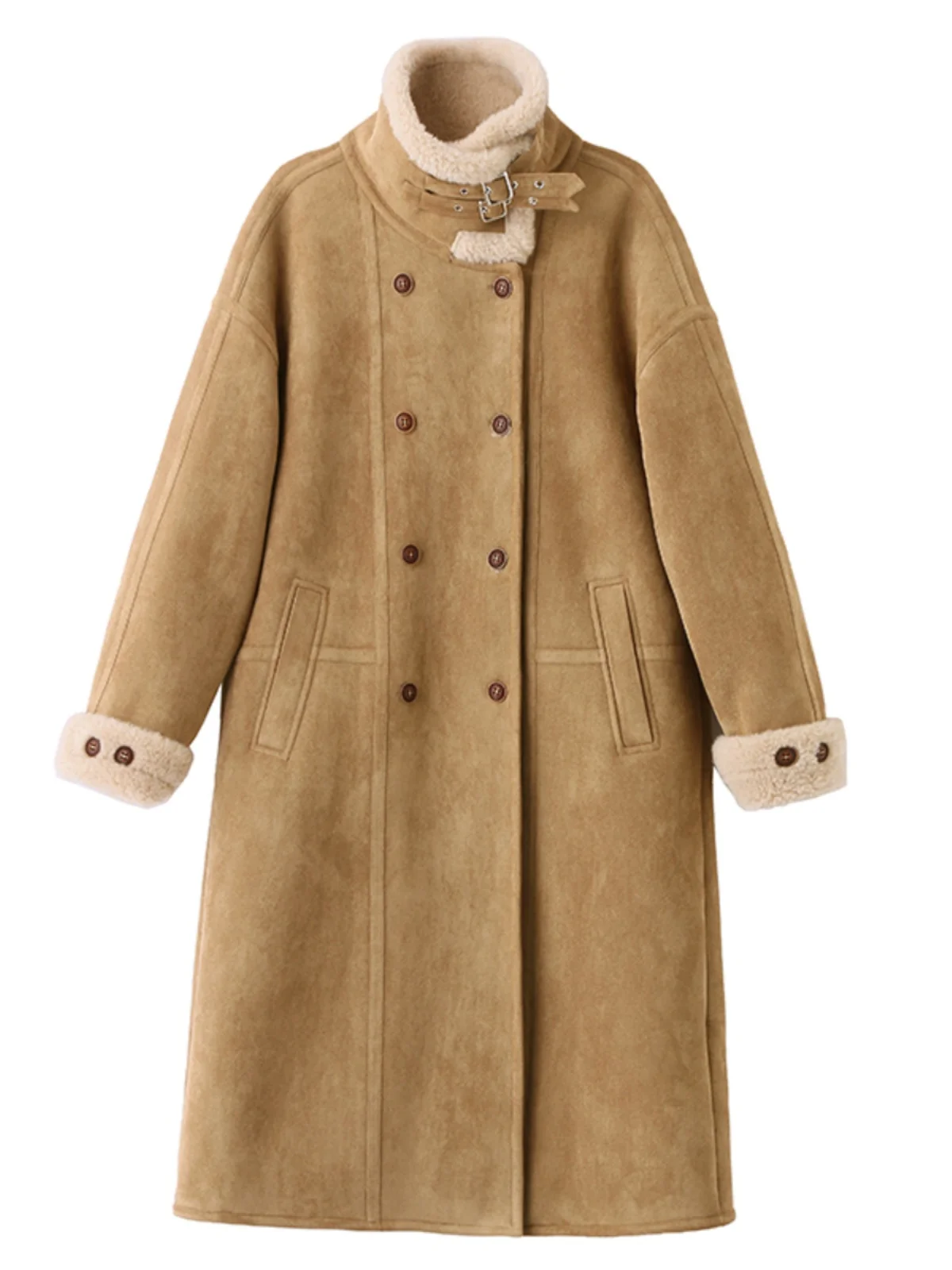 Замшевое пальто цвета хаки женская длинная мотоциклетная одежда новинка зимы 2024